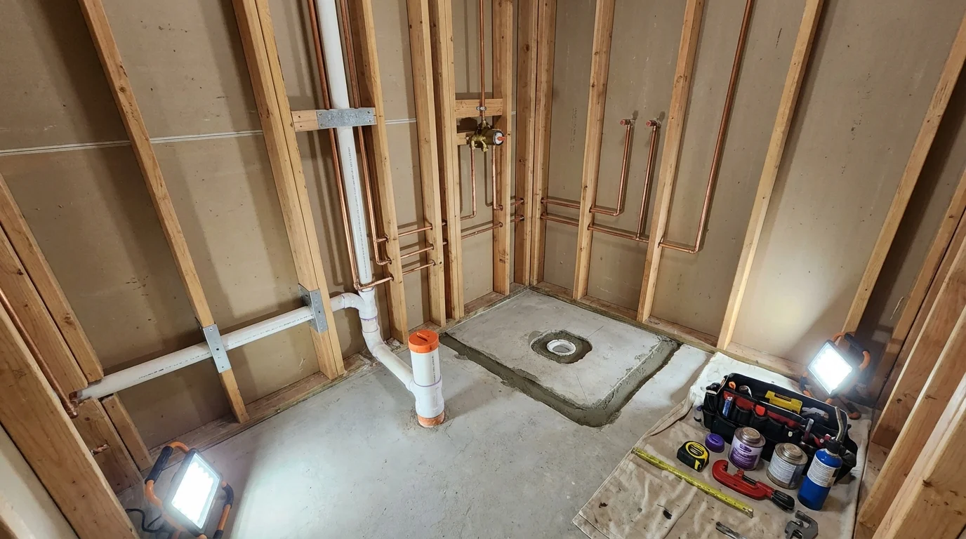 Bathroom rough-in plumbing during remodel by Johns Plumbing LLC in Springview
