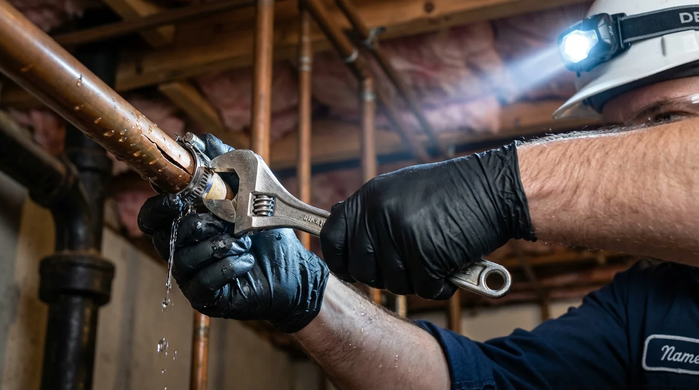 Emergency pipe clamp repair being performed by a Johns Plumbing LLC plumber in Springview