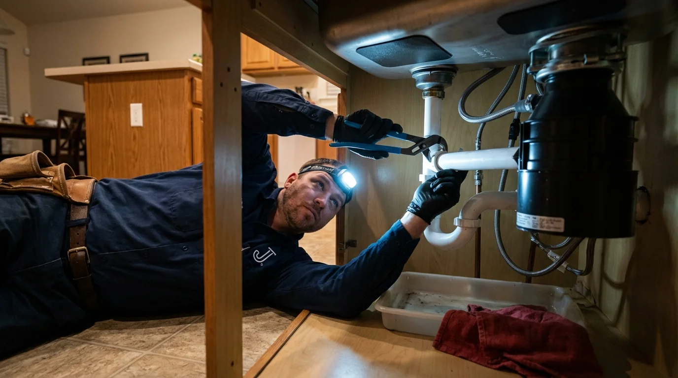 P-trap and supply line connections under a kitchen sink showing a common leak point in Springview, NE